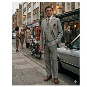 Vtg 70s 80s 3PC Suit 46L 46x38 Brown Glen Plaid Prince of Wales Check Windowpane